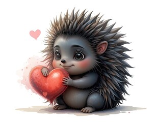Cute little black hedgehog holding a heart. On white isolated background in cartoon style.