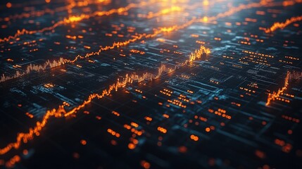 Abstract visualization of data trends with glowing lines and digital patterns in a tech environment