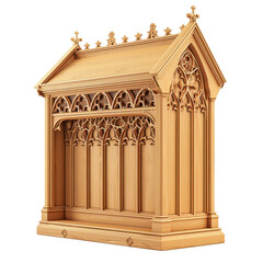 Fototapeta premium Elegant wooden Gothic style altar with intricate carvings and arches, showcasing craftsmanship and religious significance. Perfect for spiritual settings or artistic displays