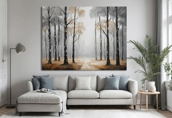 A painting of a forest with neutral colors and shades of gray