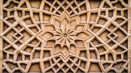 Naklejka premium Intricate Wooden Carving, Islamic Design, Building Facade, Geometric Pattern, Background Texture