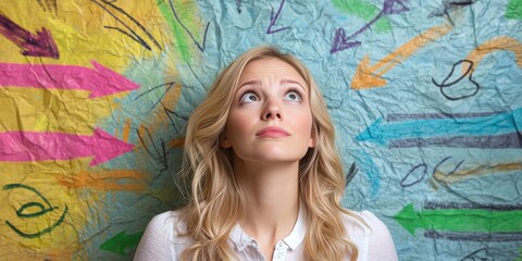 A Crossroads of Choices: A thoughtful woman gazes upward, surrounded by a vibrant array of colorful arrows pointing in different directions.