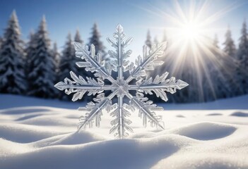 A 3D rendering of a snowflake on a snowy background with sunlight shining through it.