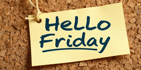 Friday greetings on a note pinned to a corkboard encouraging joy as the weekend approaches