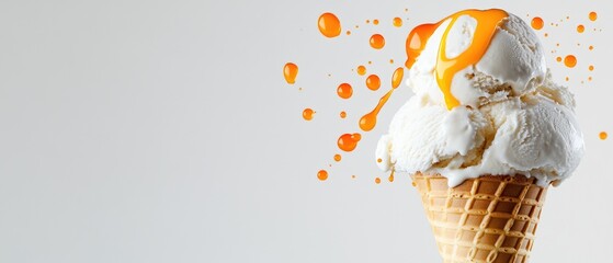 Vanilla ice cream cone with orange sauce splashing against white background. Natural colorants, natural dyes, color additives