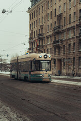 Obraz premium Retro style tram on the street of Saint Petersburg
