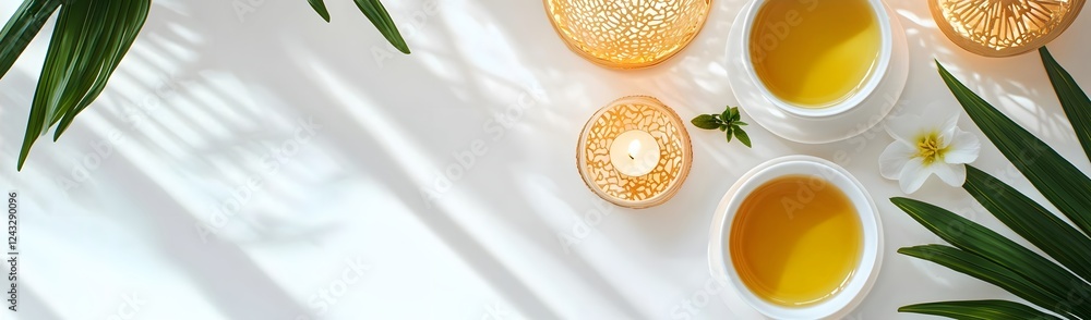 Poster calm and serene spa setting with candles and essential oils on a white surface surrounded by greener