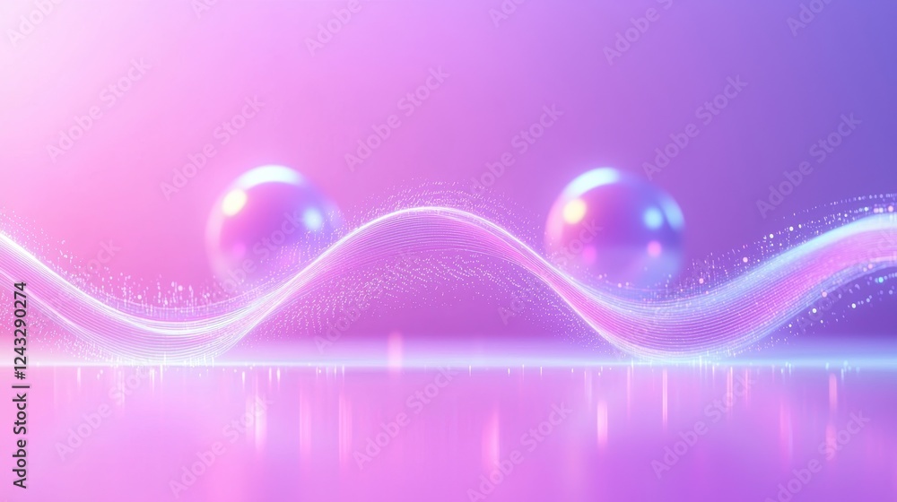 Poster abstract background with iridescent spheres and flowing particles in pink and purple hues. soft ligh