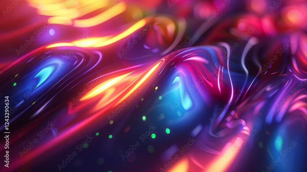 Poster gradient wave patterns create an iridescent abstract background with fluid motion and vibrant hues