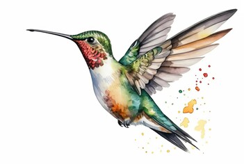 A watercolor painting of a hummingbird in flight against a white background