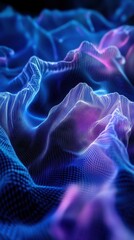 Abstract holographic waves in shades of blue and purple. Sci-fi digital landscape