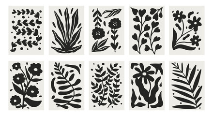 Abstract black silhouettes floral posters, set in vintage retro style. Minimalistic decorative poster, banner, card. Elegant hand drawn design for wallpaper, print, cover, template