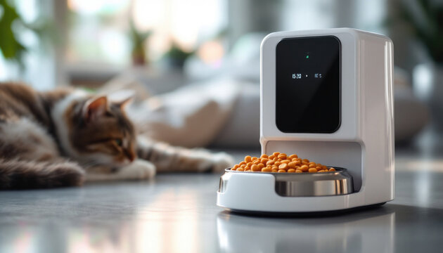 Automated pet feeder with display screen and cat relaxing nearby in modern home