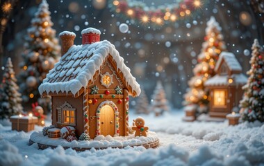 A close-up of a beautifully decorated gingerbread house with snow falling around it