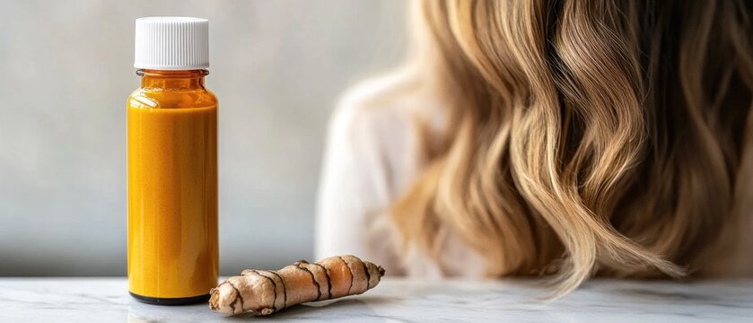 Turmeric wellness elixir and root with female in background