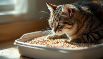 Tabby cat relaxing in sunlit litter box
