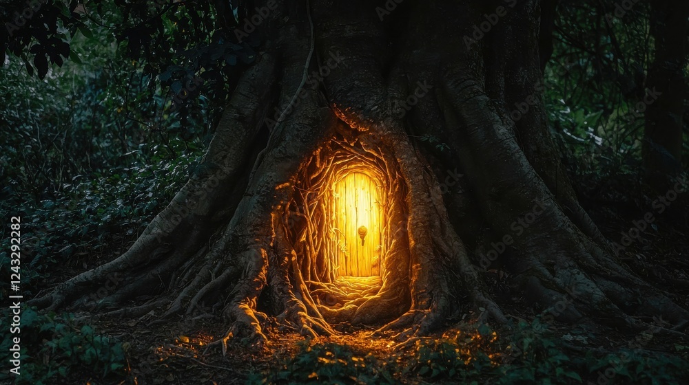 Poster glowing portal within the roots of a large tree in a dark forest, emitting a warm light. mysterious 