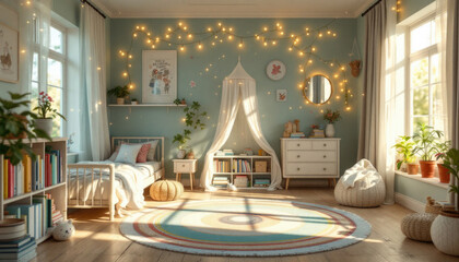 Fototapeta premium Cozy bohemian-inspired bedroom with fairy lights and natural decor