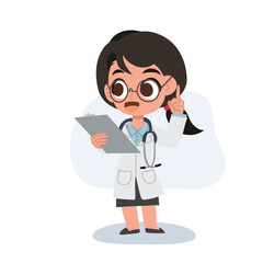 Adorable female physician doctor character holding a patient file