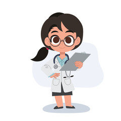 Adorable female physician doctor character holding a patient file