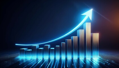 glowing blue arrow pointing up and a bar graph rising on a dark background concept of growth trend rising to success