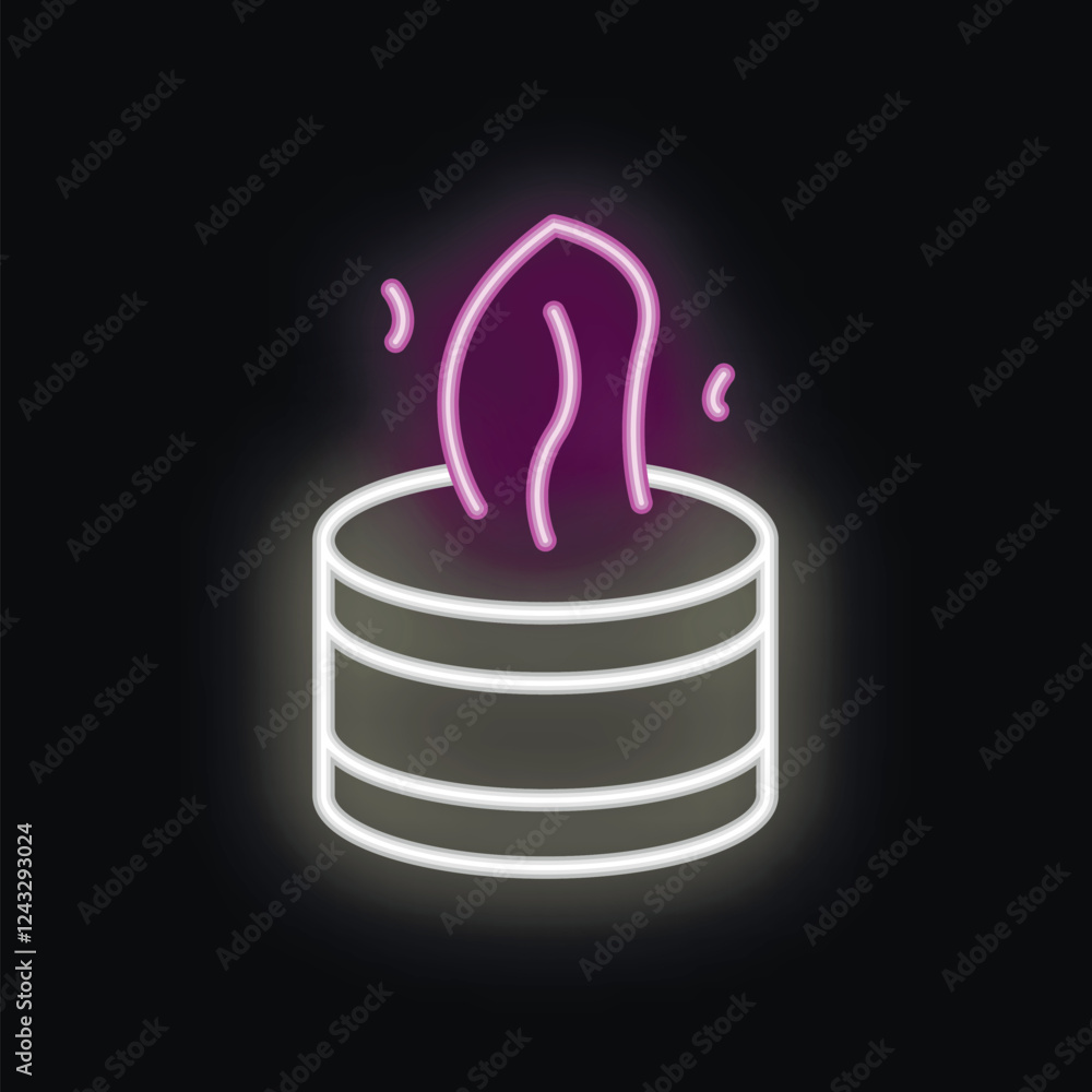 Poster neon icon of a database server with purple wavy lines symbolizing the working process on a black bac