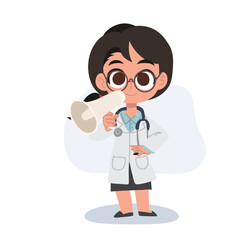 cute female doctor cartoon with megaphone making announcement in hospital