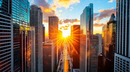 Fototapeta premium Dramatic Cityscape Sunset with Sun Rays Bursting Through Skyscrapers, Creating a Vibrant and Energetic Atmosphere. A Captivating View of Urban Archite