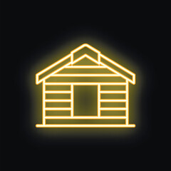 Neon yellow wooden log cabin shining on black background