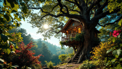 Cozy treehouse nestled in lush forest with sunlit landscape