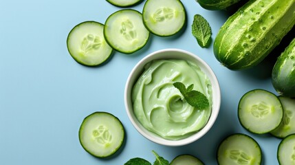 Fresh cucumber and mint skincare cream with sliced cucumbers on blue background. Natural colorants, natural dyes, color additives