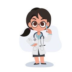 Fototapeta premium Cute female doctor cartoon holding a syringe for injection and vaccination