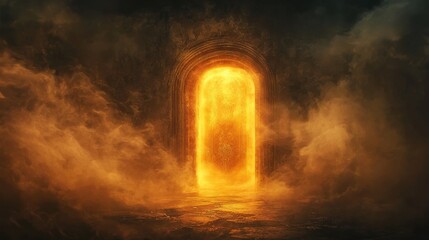 Obraz premium Glowing orange portal in a dark, smoky environment. Mysterious and mystical atmosphere. Dark fantasy art.