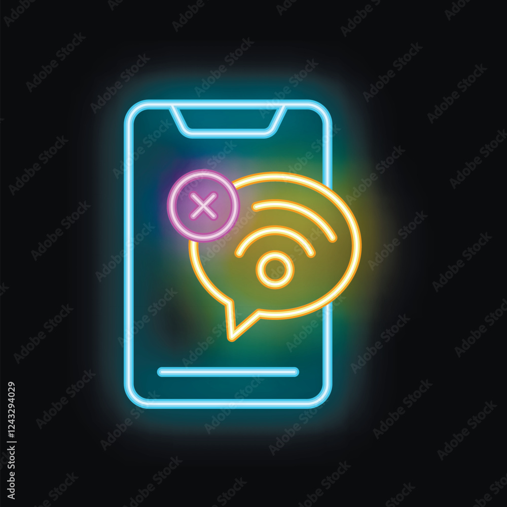 Poster glowing neon line icon of a smartphone showing an unsent message