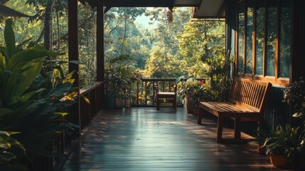 Fototapeta premium Tranquil wooden porch overlooking lush green rainforest. Sunlight streams through the veranda. Comfortable outdoor seating with potted plants.