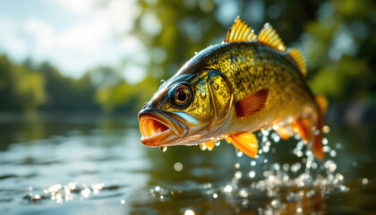 Fototapeta premium Vibrant fish leaping from water with bokeh background in sunlight