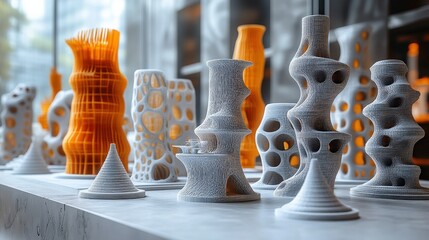 Abstract 3D printed sculptures displayed in a modern gallery with a vibrant city backdrop