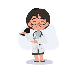 Cute female doctor cartoon welcoming with hand gesture in medical uniform,