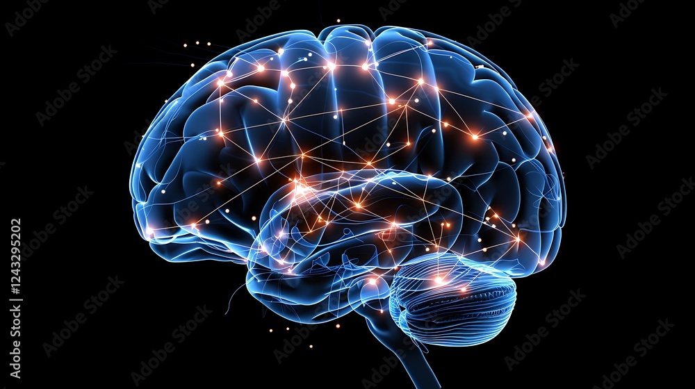 Poster a detailed illustration of a human brain with highlighted regions showing neural activity and brain 