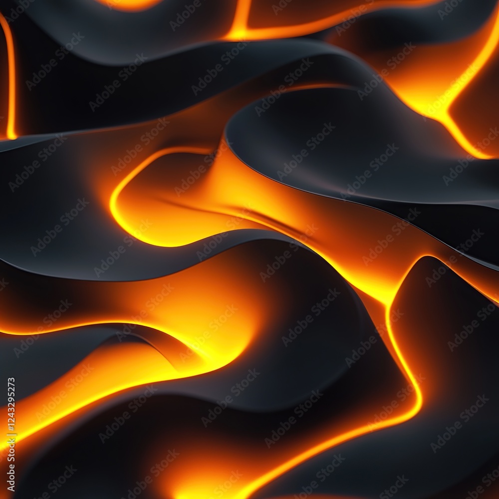 Poster abstract orange and black waves flow dynamically, creating an intense visual experience with glowing