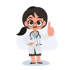 Fototapeta premium Cute female doctor cartoon giving thumbs up for medical excellence and healthcare positivity