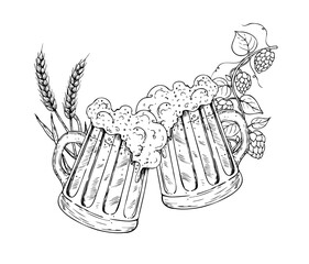 Vector Glass of beer with cap of foam and common hop. Graphic ink ale illustration, organic Humulus lupulus branch with leaves and cones isolated on background. Hand drawn line sketch. For designers