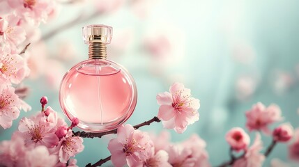 Pink perfume bottle among cherry blossoms on soft blue background