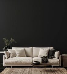Minimalist living room with a white sofa. a wooden coffee table. a black rug. and a black wall