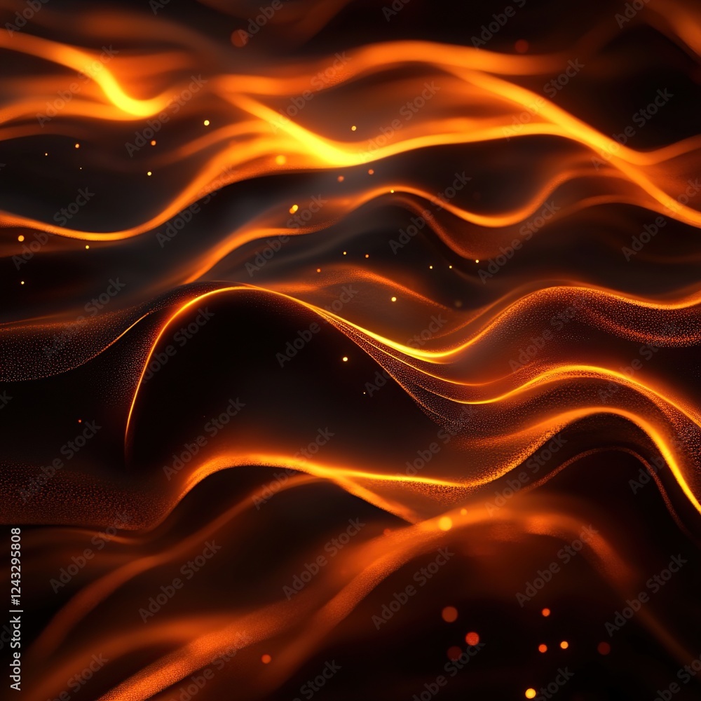 Poster abstract orange waves flowing dynamically across dark background, glowing intensely with sparks