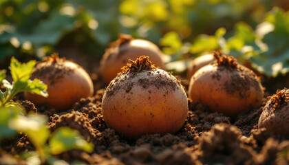 Freshly harvested potatoes in sunlit garden soil with leafy greenery background