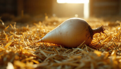 Obraz premium White turnip resting on golden straw in sunlit agricultural barn