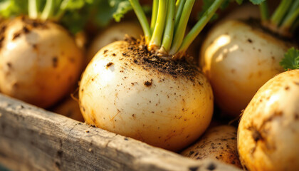 Freshly harvested turnips with soil and green leaves in wooden crate