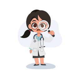 Cute female doctor cartoon using magnifying glass for medical examination and diagnosis