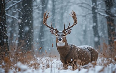 A close-up photo of a deer with large antlers in a snowy forest